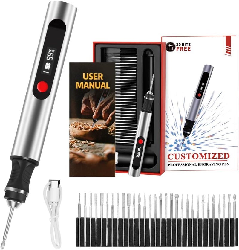 Kaibced Engraving Pen, Ultimate Cordless Engraving Pen for Artists & DIYers - Engrave 60+ Surfaces - Beginner Friendly- 30 Bits & Mastery Guide (Grey) - Image 1